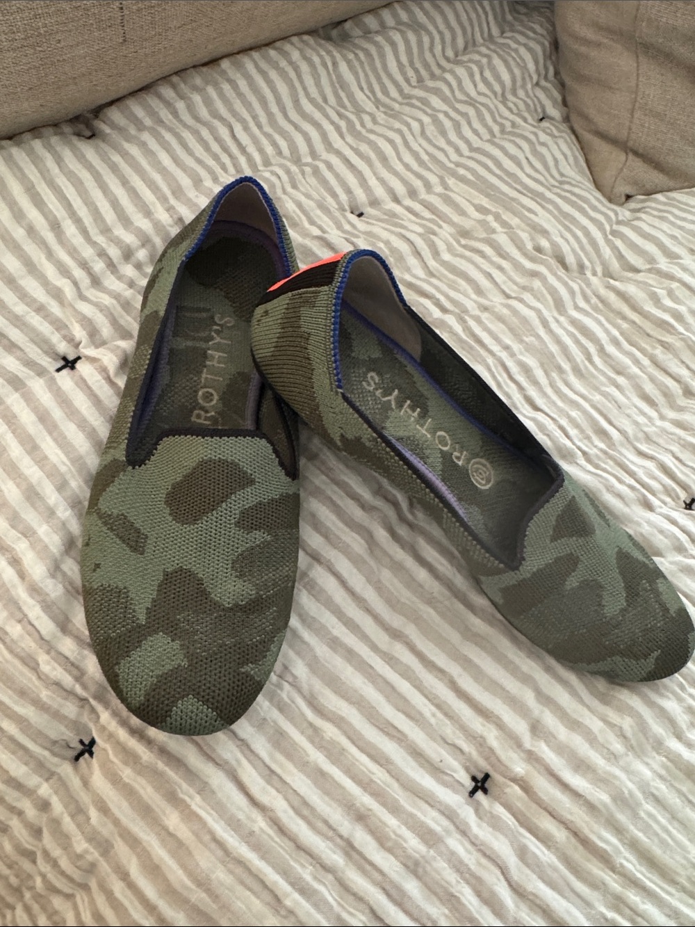 Rothy's Olive Camo Knit Slip-On Flats with Blue Trim